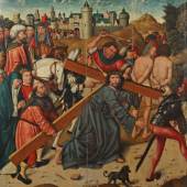 Niederrheinischer Meister des 15. Jh. wohl Umkreis Derick Baegert (1440-1515), "Simon von Zyrene hilft Christus das Kreuz tragen", Mindestpreis:	10.000 EUR