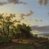 Koekkoek, Barend Cornelis.  1803 Middelburg - Kleve 1862 Gasthof an einem Fluss im Abendlicht. Öl/Lwd., doubliert. Sign. 64 x 78 cm. Gerahmt. Aufrufpreis:	9.000 EUR