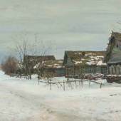 Levitan, Isaak (Wirballen 1860–1900 Moskau) Dorf im Schnee. Wohl aus den 1880er Jahren. Öl auf Halbkarton, auf Leinwand montiert. Unten links signiert. 21x37,8 cm.  Schätzpreis:	20.000 - 30.000 CHF