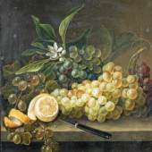 Friedrich Wilhelm Völcker 1799 Berlin - 1870 Thorn, Stilleben mit Trauben, Messer und Zitrone, Schätzpreis:	4.000 - 5.000 EUR