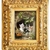 Adam, Julius (München 1821 - 1874). Vier Katzen. Öl auf Holz, um 1860. Oben links signiert. 19,5 x 14 cm. Im breiten ornamentalen Goldrahmen. Mindestpreis:	4.000 EUR