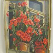Lange, Sigurd, 1904 - 2000, Kaltental/Ostallgäu,  "Blick zum Fenster mit rotem Kaktus", li.u.sign.u.dat. (19)54, Öl/Malerpappe, 96 x 71,5 cm, R. (besch.)  Aufrufpreis:	200 EUR
