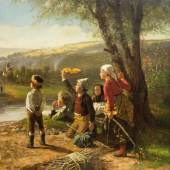 Hubert Salentin (1822 Zülpich - 1910 Düsseldorf) 'Hol' über', Landschaft mit 5 Kindern, Öl auf Leinwand, doubliert, 81 cm x 65 cm,  	 Zuschlagspreis:	28.000 EUR