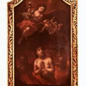 Monumentales Gemälde "Arme Seele im Fegefeuer". Süddeutschland, 18. Jahrhundert. In der Gesamtdarstellung zu sehen drei Seelen in den Flammen des Fegefeuers die um Erbarmen flehen, über ihnen ein rosenkranzhaltender Engel  Mindestpreis:	1.500 EUR