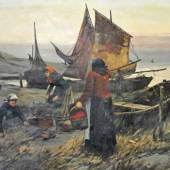 WANKIE Wladyslav (1860 Warschau- 1925 Warschau) "Fischerfrauen am Strand" mit Fischen in Fangnetzen und Körben. Mindestpreis:	6.000 EUR