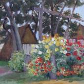 Büchsel, Elisabeth (1867 Stralsund – 1957 Stralsund) „Sommerblumen vor Bauerngehöft“, Aufrufpreis:	600 EUR