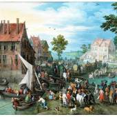 Jan Brueghel der Ältere, 1568 Brüssel "" 1625 Antwerpen DORFLANDSCHAFT AM WASSER MIT VIEHMARKT Öl auf Kupfer.  Schätzpreis:	650.000 - 900.000 EUR