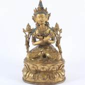 ADIBUDDHA VAJRADHARA, Bronze vergoldet, Haare mit blauer Kultfarbe, Dorje Chang, der Halter des Diamantzepter, Mindestpreis:	4.000 EUR 