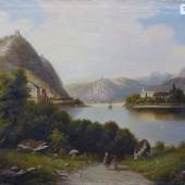 Boehm, Eduard, zugeschrieben Öl auf Leinen, Sommerliche Flusslandschaft mit Häusern, Booten, Mindestpreis:	150 EUR