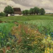 Hans Andersen Brendekilde 1857 Funen - 1942 Jyllinge / Denmark - Bauernkate vor einer Wiesenlandschaft - Öl/Lwd. 36,7 x 47,6 cm. Aufrufpreis:	3.000 EUR