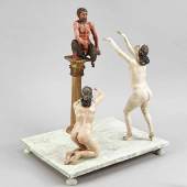 Drei Altarfiguren zur "Huldigung an Pan", w. Süddeutschland, 18. Jh., Holz, geschnitzt, farbig gefasst,  Mindestpreis:	2.500 EUR