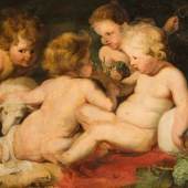 Peter Paul Rubens Nachfolger Schätzpreis € 3.000 - 5.000 (Siegen 1577-1640 Antwerpen) Jesus, Johannes und zwei Engel, 19. Jahrhundert Öl auf Holz, parkettiert; 76 × 122 cm