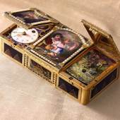 Lot 83 The Cherry Pickers An Exceptional Three Compartment Gold Enamel and Pearl Musical Snuff Box with Concealed Automaton and Timepiece Made for the Chinese Market Attributed to Piguet & Capt The Enamel Painting Attributed to Jean-Louis Richter Circa 1800 Est.$400/600,000 Sold for $490,000