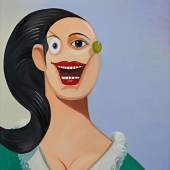 Lot 208 George Condo Smiling Girl with Black Hair signed and dated 08 on the reverse oil on canvas 72 by 60 in. 182.9 by 152.4 cm Estimate $1/1.5 million Sold for $1,340,000