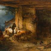 Lot 253 Friedrich Gauermann Eine ländliche Bauernschupfe mit hereineilendem Vieh, 1843 Öl auf Holz 52,5 x 74 cm Schätzpreis: 100 000 - 200 000 €  Verkaufspreis: € 205.000