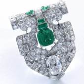 Lot 300- attractive emerald and diamond clip, Cartier Sotheby's 15 Nov 2017