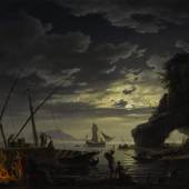 Lot 40 Le soir: a Mediterranean harbour at sunset with fisherfolk and merchants on a quay Clair de lune: a Mediterranean harbour by moonlight with fisherfolk by a fire on the shore, a natural arch beyond a pair, painted in Rome in 1752both oil on canvaseach: 71.6 x 98.7 cm.; 28. x 38⅞ in. Est. £ 3,000,000-5,000,000 / € 3,840,000-6,400,000 / US$ 4,360,000-7,260,000