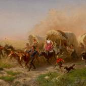 Lot 44 Property from The Dover Free Public Library Emmanuel Gottlieb Leutze Indians Attacking a Wagon Train Signed E Leutze and inscribed Dusdf p.p.c. indistinctly (lower right) Oil on canvas 40 by 67 1⁄2 inches (101.6 by 171.5 cm) Painted in 1863 Estimate $2.5/3.5 million Sold for $4,815,000 *RECORD FOR THE ARTIST AT AUCTION*