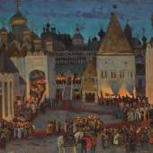 KONSTANTIN YUON The Kremlin at Night on the Eve of the Coronation of Tsar Mikhail Fedorovich (1914) oil on canvas, 81 by 116.5cm £400,000-600,000 / US$ 497,000-750,000