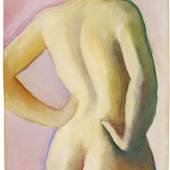 August Macke Weiblicher Akt von rückwärts auf rosa Grund. 1911 Öl auf Leinwand, 55,9/56,7 x 37/37,8 cm Schätzpreis: € 350.000 – 450.000,-