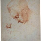 Michelangelo Buonarroti Studie eines gesenkten Kopfes sowie Detail der Augenpartie, 1529/30  Rötel  © Casa Buonarroti, Florenz