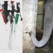 Die Künstlerin, Elefantendame Mangala, in Aktion in ihrem Studio im Münchner Tierpark Hellabrunn