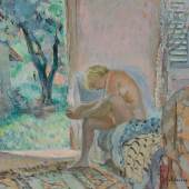 Exhibitor: Montgomery Gallery  Henri Lebasque (1865–1937) Nu assis sur un canapé près de la fenêtre (Nude sitting on sofa by the window) Oil on canvas, 54.5 x 65.5 cm Signed lower right 'Lebasque'