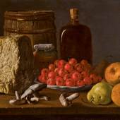LUIS MELÉNDEZ Still life with a plate of azaroles, fruit, mushrooms, cheese and receptacles signed with initials on the jar in the centre: L.s M.z D.zo oil on canvas 15½ by 24 in.; 39.5 by 61 cm. Estimate $1.5/2 million