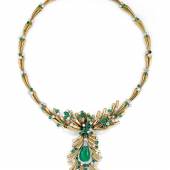 Diamond Necklace, 'Barbare', Suzanne Belperron, 1930s Est. €80,000-140,000  Mellerio Emerald and diamond necklace featuring a 19.76-carat drop-shaped cabochon emerald