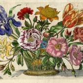 Kunstkabinetts Strehler ist der altkolorierte Kupferstich eines Blumenkorbs von Maria Sibylla Merian