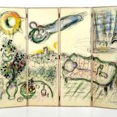 Marc Chagall (1887-1985) Interieur mit Liebespaar und Blick auf den Eifelturm, Paris, 1964 Lithographie auf Holz © Museum für Kunst und Gewerbe Hamburg