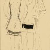 vMarlice Hinz (1903–1978) Zwei Frauen in Sommerkleidern | Two Women in Summer Dresses, 1923/1926 Federzeichnung auf Pergament | Pen and ink drawing on parchment, 22,5 x 14,2 cm © Museum für Kunst und Gewerbe Hamburg