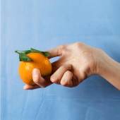Michelle Miles, hand model, 2018, Filmstill. Bildbeschreibung: Eine Frauenhand hält eine Orange vor einem hellblauen Hintergrund