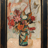 Philip Mould & Company, Vanessa Bell 1879-1961 Still-life of Dahlias, Chrysanthemums and Begonias 1912 Oil on board laid on panel 73 × 51.7 cm. (28 ¾ × 20 ⅜ in.) Signed V Bell (upper right)
