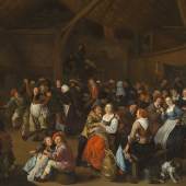 Nr. 413 885 Jan Miense Molenaer (1609/10 – 1668) Bauernhochzeit Öl auf Leinwand, 93 x 133 cm Monogrammiert unten rechts auf der Ledertasche: JM (ligiert) Schätzpreis: € 200.000 – 250.000,-