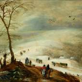 3021 JOOS DE MOMPER and JAN BRUEGHEL THE ELDER (1564 Antwerp 1635) (Brussels 1568-1625 Antwerp) Winter landscape with figures. Oil on panel. 45 x 68.5 cm. Ergebnis: CHF 144 000