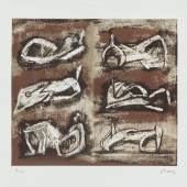Henry Moore, Sechs liegende Figuren, 1981 Farblithographie, 21,9 x 24,9 cm Sammlung Osmers © The Henry Moore Foundation