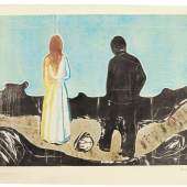 LOT 141 EDVARD MUNCH 1863 - 1944 TWO HUMAN BEINGS. THE LONELY ONES  The rare woodcut printed in turquoise-blue, black, reddish-orange, yellow, brown and green from three blocks and a stencil, 1899 ESTIMATE 400,000-600,000 GBP