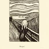 Property from an Important Private Norwegian Collection EDVARD MUNCH 1863-1944 THE SCREAM Lithograph, 1895, a superb, richly inked impression of this important subject, Woll's variation A with Geschrei printed under the image and the full text in the lower margin, signed and dated in pencil, on wove paper image: 44.2 by 25.2cm.; 17⅜ by 10in. sheet: 53.2 by 43.1cm.; 21 by 17in. PROVENANCE: Acquired from the artist by Olaf Schou circa 1900, to his brother Christian Schou, thence by descent to the 