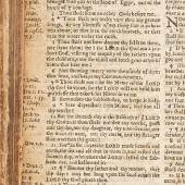 The Holy Bible. London: Robert Barker, 1631. A detail from the “Wicked Bible,” which, due to error or mischief, omitted the “not” from the Seventh Commandment (Exodus 20:14). Estimate $15/20,000