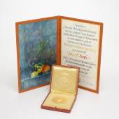 John F. Nash Jr.'s 1994 medal for the Sveriges Risbank Prize in Economic Sciences in Memory of Alfred Nobel in its original red morocco box, with accompanying calligraphic Nobel diploma with an original watercolor drawing by Bengt Landin.