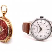 Eine Goldemail Taschen­uhr mit Repetition von Breguet (Lot Nr. 460) und ein seltenes Armband­chrono­meter "Geophysic" von Jaeger-LeCoultre (Lot Nr. 461).