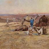 Tadeusz Ajdukiewicz (1852-1916)  Beduinenlager in der Wüste bei Abendlicht. Öl/Leinwand, signiert und datiert 80 x 160 cm