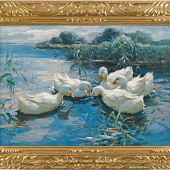 Alexander Koester 1864-1932 Entenbesprechung  Fünf weiße Enten im Schilfwasser Öl/Leinwand, unten links signiert 70 x 100 cm  WVZ Stein/Koester Nr. 795 mit Abb.