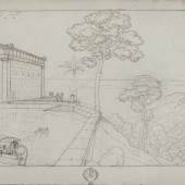 Klassische Landschaft mit Tempel  Friedrich Wilhelm IV., 1828, Bleistift, Feder in Braun © SPSG 