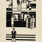 Gerd Arntz (1900–1988) Bank, 1927 Holzschnitt auf Japan, 36,5 x 28,8 cm Städel Museum, Graphische Sammlung, Frankfurt am Main Foto: Städel Museum - ARTOTHEK © VG Bild-Kunst, Bonn Erworben 2007 im deutschen Kunsthandel