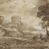 Claude Lorrain (um 1600–1682) Landschaft mit einem Turm, um 1635-40 Feder und Pinsel in Graubraun, Rötel, auf Paper, 25,0 x 21,8 cm Städel Museum, Frankfurt am Main