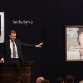 Oliver Barker fielding bids during Sotheby's Contemporary Art Evening Sale, June 2018