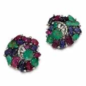 Pair of gem set and diamond clip brooches, 1930s  Estimate:  10,000 - 15,000 GBP