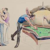 Patrick Angus, Untitled ( Pool Hall Scene ) Buntstift auf Papier, 35.5 x 43 cm © Douglas Blair Turnbaugh